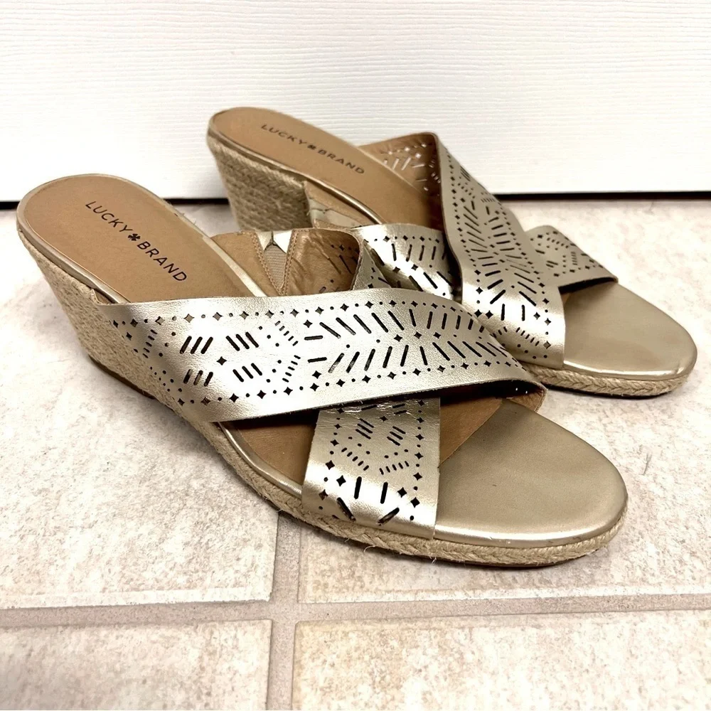 Lucky Brand KEELA Women’s Gold Leather Espadrille Wedge Sandals - Size 12M Boho